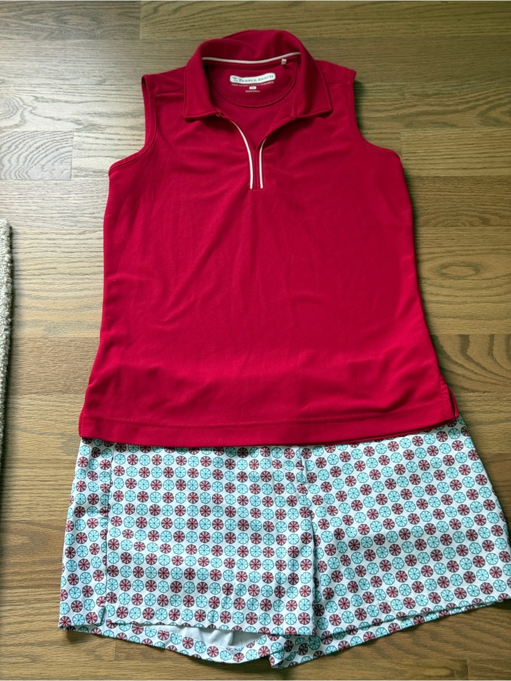 Women’s Golf Outfit-Red Sleeveless Golf Polo with Red and Teal Golf Shorts
